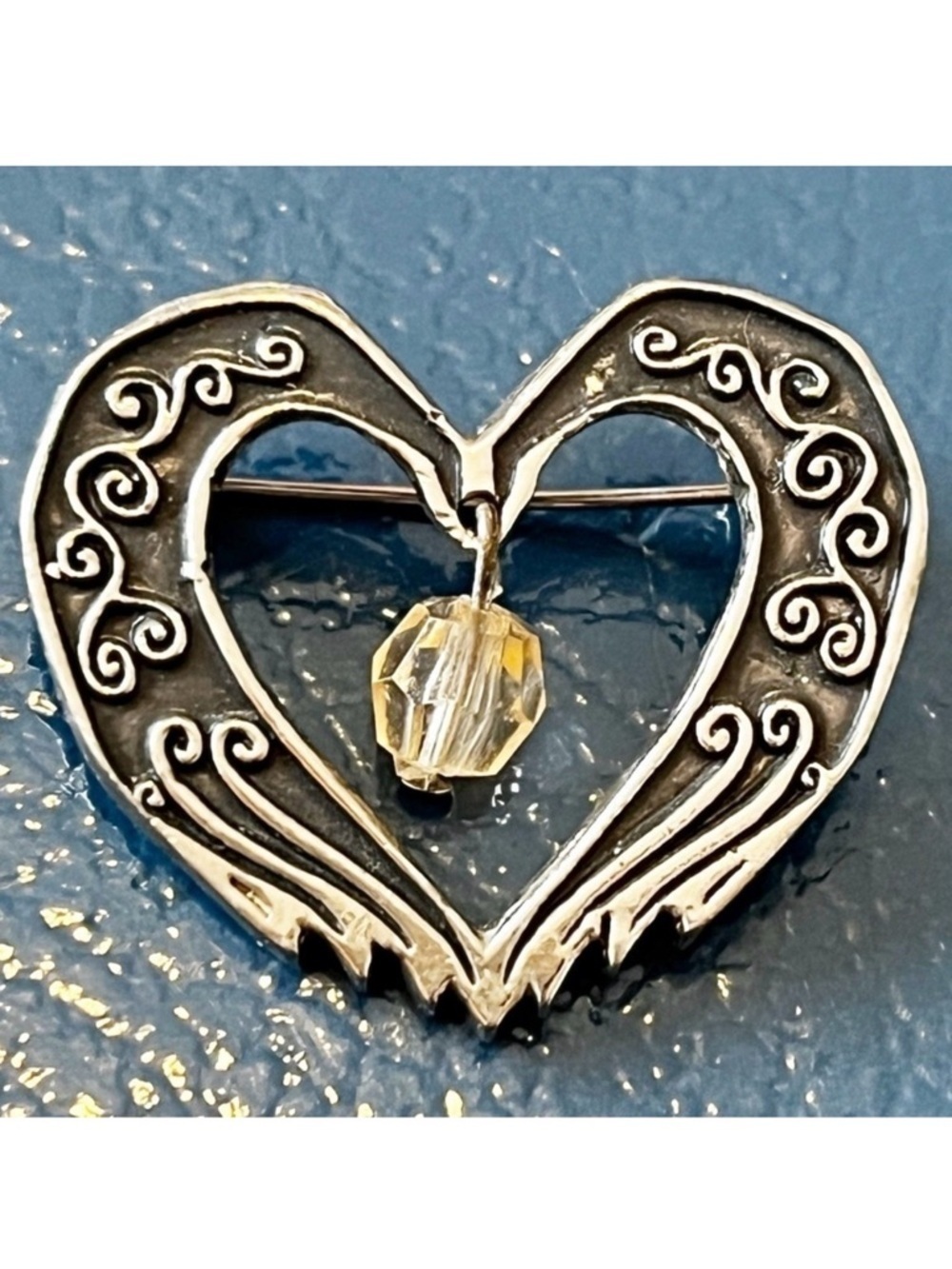 Hallmark Dangle Brooch Pin Silver Scroll Heart Shaped HMK CDS Vintage Mother
